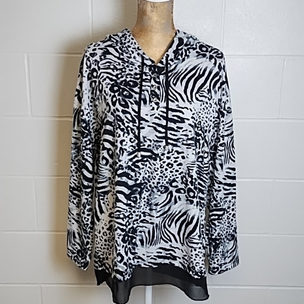 Simply Noelle Tee Shirt Knit Animal Print Hoodie Sheer Detail Trim 12/14 Lg/XL